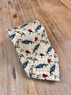 Bravini 100% Silk Tie Made USA Vintage Fishing Lure Novelty Necktie Fish‎